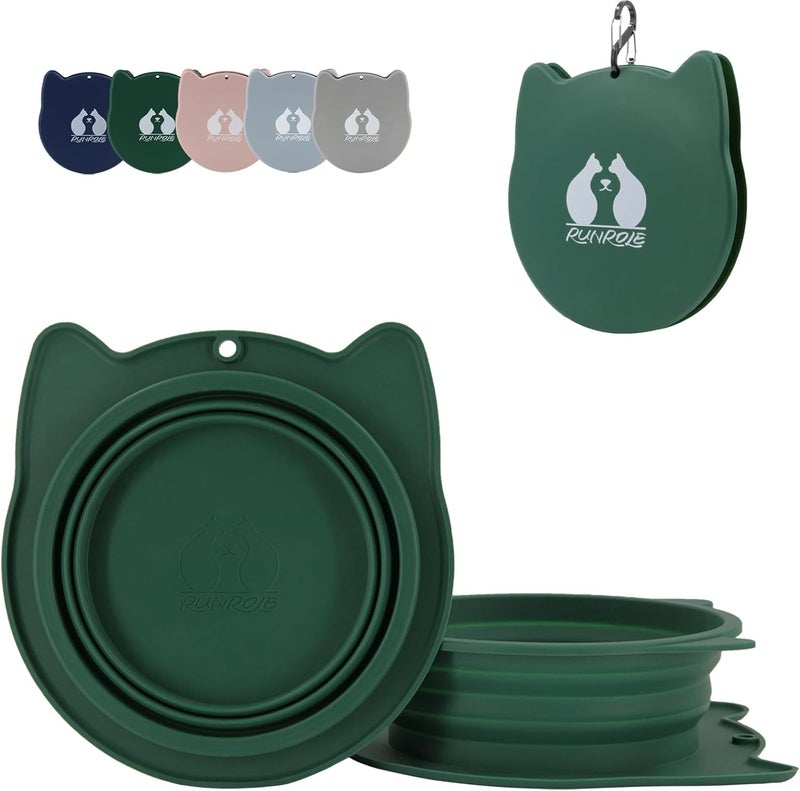 RUNROLE 2-in-1 Collapsible Silicone Dog Travel Bowls, Slot Together and Use Separately, Portable Pet Food Water Bowls, Foldable Cat Feeding Watering Dishes, 20OZ+27OZ(Forest Green) - Image 1